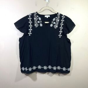 Jennifer & Grace Embroidered Flutter Sleeve Boho Shirt 3X Black Coastal Cottage